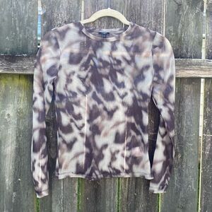 Express Womens XS Sheer Mesh Long Sleeve Top Abstract Tie Dye Brown Tan Grey NWT